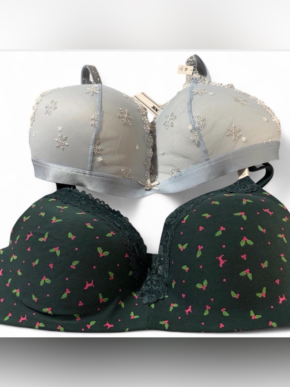 PINK Victoria's Secret Light Gray Embroidered Bra & Dark Green Printed Bra Set